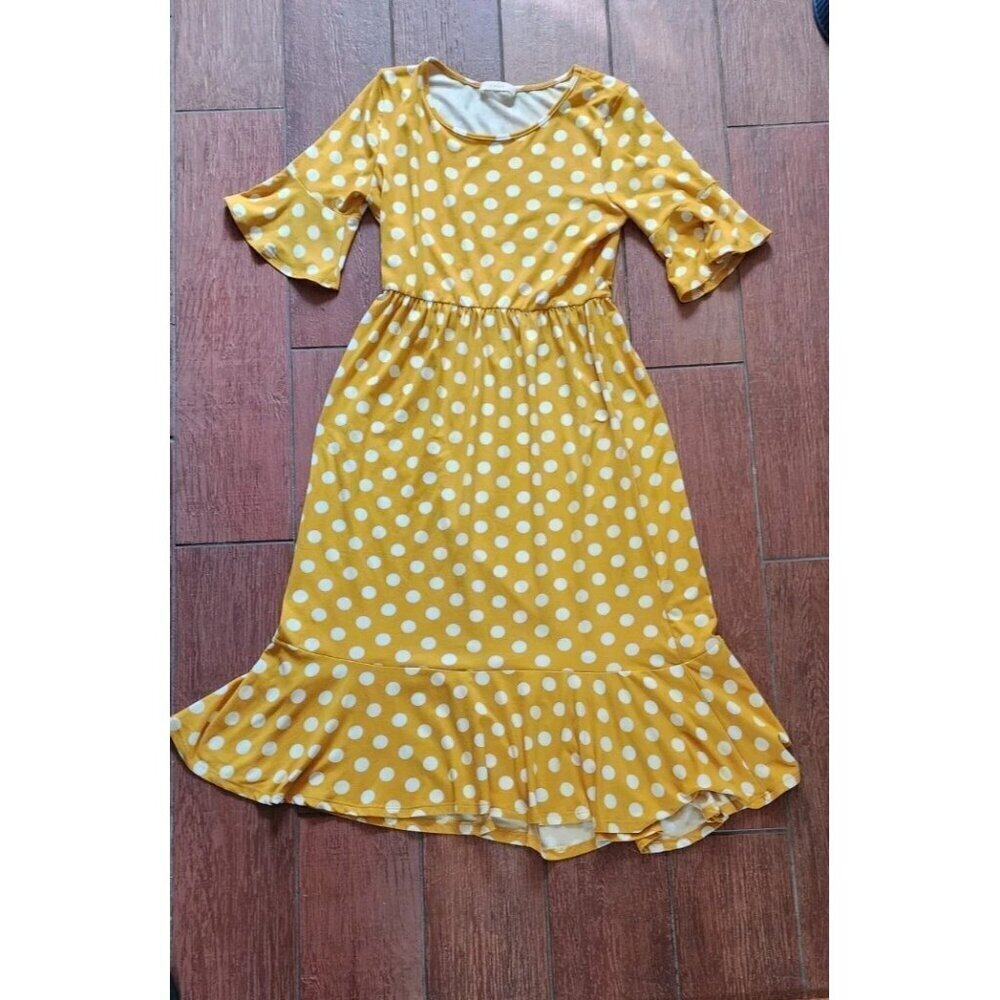 Mustard Yellow Polka Dot Retro Rockabilly Waist Midi Dress Ruffle Fit Flare Soft - Picture 5 of 9
